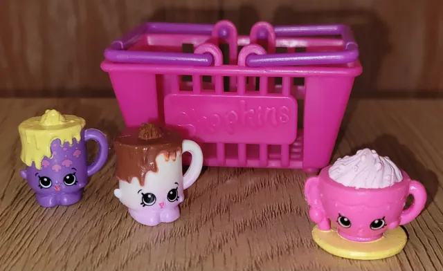 Shopkins-figurer 3stk kopper og 1 handlekurv